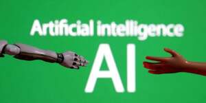 Les mots "intelligence artificielle ia", une miniature de robot et une main jouet sont representes sur cette illustration