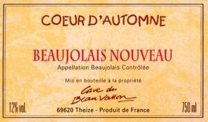 COEUR D'AUTOMNE BEAUJOLAIS NOUVEAU Appellation Beaujolais Contrôlée Mis en bouteille à la propriété Cave du Beau Vallon 69620 Theize  Produit de France_logo